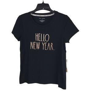 Rae Dunn NEW HELLO NEW YEAR Holiday Tee Jet Black & Rose Gold Foil Print